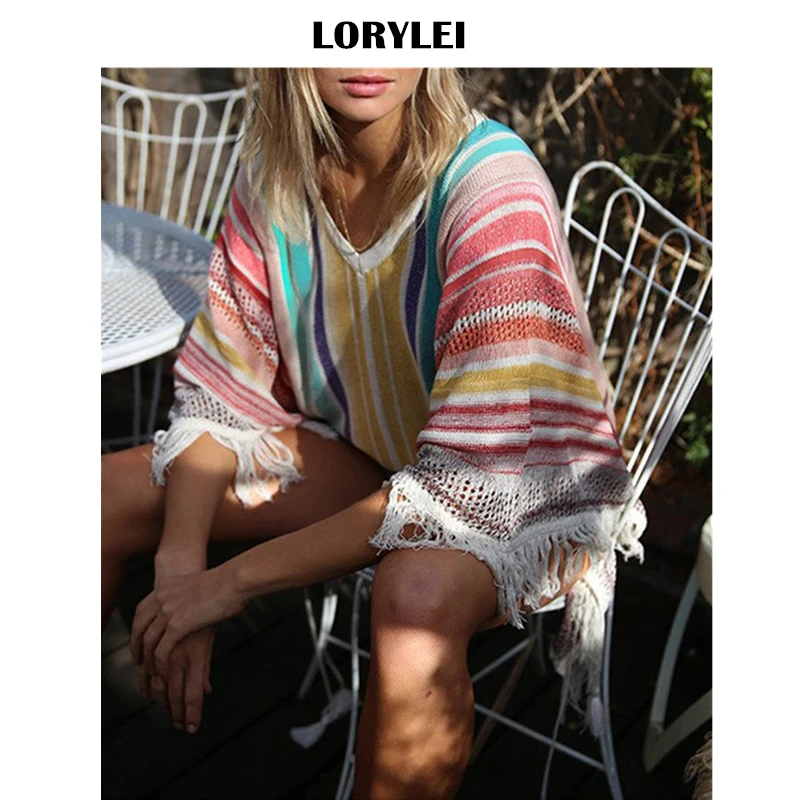 Накидка-бикини для женщин пляжная одежда крючком туника Повседневная в полоску с