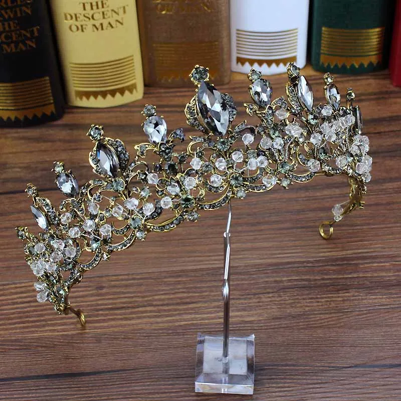 beads large crown Барокко Vinatge роскошные свадебные аксессуары для волос черный и серый кристалл Корона стразы день рождения Тиара повязка на голову для свадебной вечеринки - Окраска металла: beads large crown