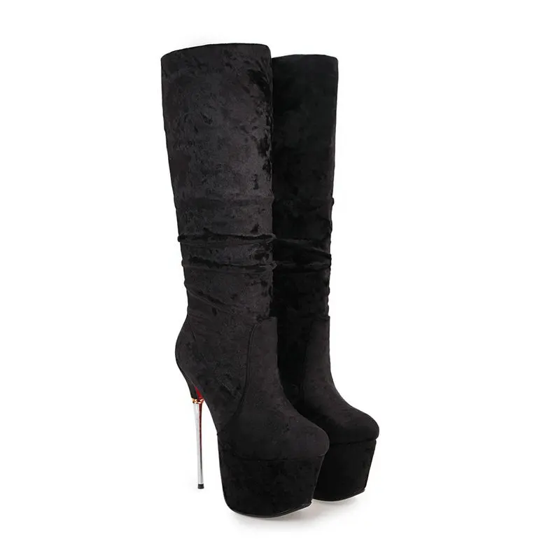 Women boots model Dance Nightclub Boots 16CM Extreme High Heel Metal Heels Platform flock mid-calf Thigh High Boots size 42 43 - Цвет: Черный