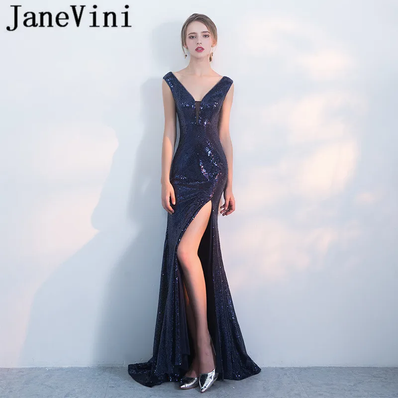 

JaneVini Shiny Sequined Navy Blue Prom Dresses Long Mermaid Sexy High Split Gowns V Neck Women's Evening Dress gala jurken 2019