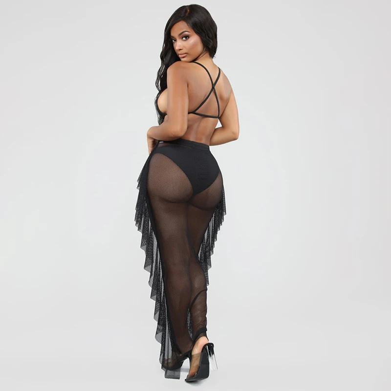 InstaHot Fish Net Pencil Maxi Skirts Sexy Women Mesh See Trough Ankle Length High Waist Lace Tassel Long Party Black Skirt