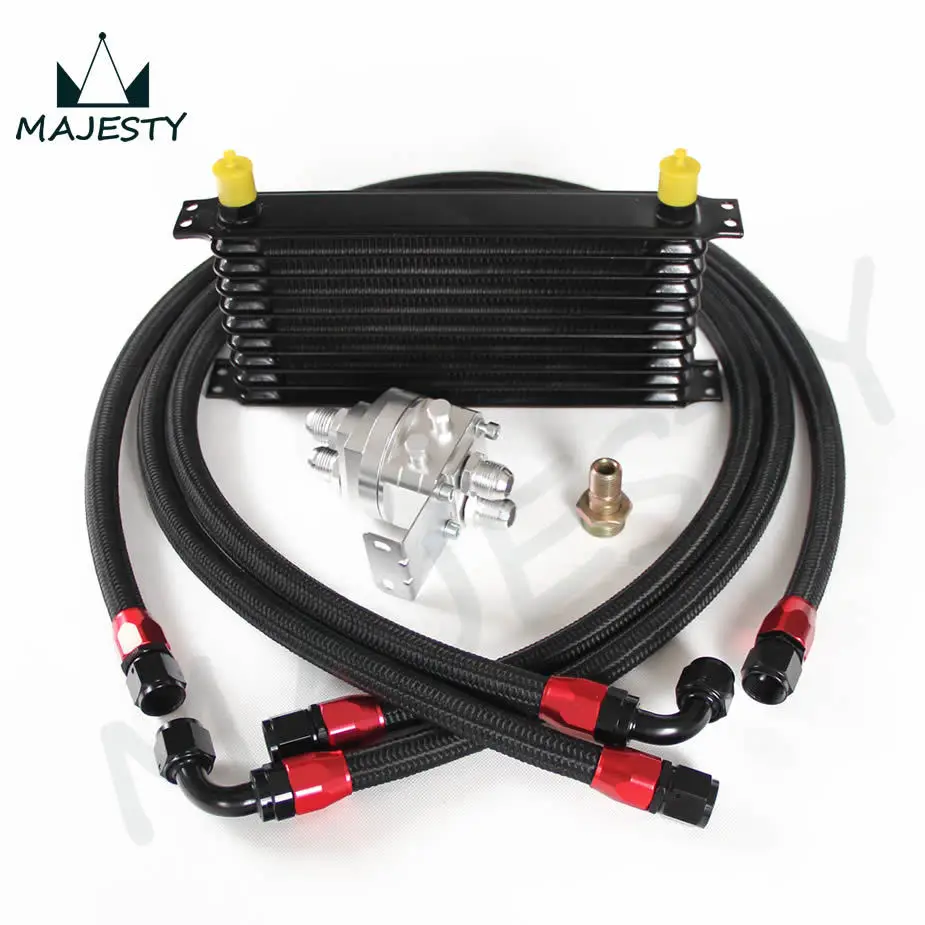 

UNIVERSAL 10 ROW ENGINE OIL COOLER + FILTER RELOCATION KIT + SS LINES SILVER