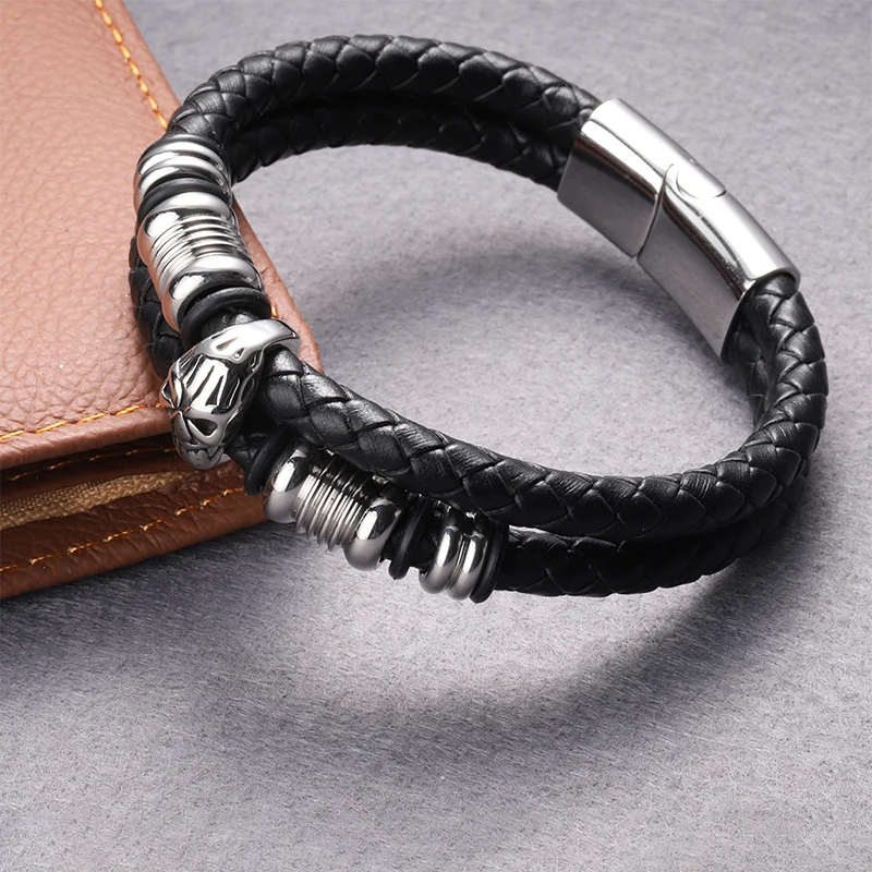 Singreal Punk Genuine Leather Bracelet for Men Jewelry Stainless Steel Beads Skull Magnetic Clasp Black Rope | Украшения и