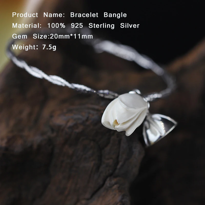 

Handmade Twist Chain Magnolia Flower White Jade Bangle 100% 925 Sterling Silver Bracelets For Women Vintage Indian Jewelry SB25