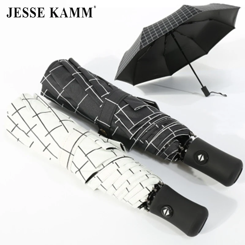 

JESSE KAMM Fully Automatic Black Coating Striped Grid Umbrella Strong Windproof 8 Fiberglass Ribs Portable Suit For Women Men