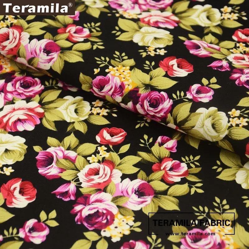 Ткань Teramila хлопок поплин черная с цветочным принтом ручная работа|textil decoration|cotton