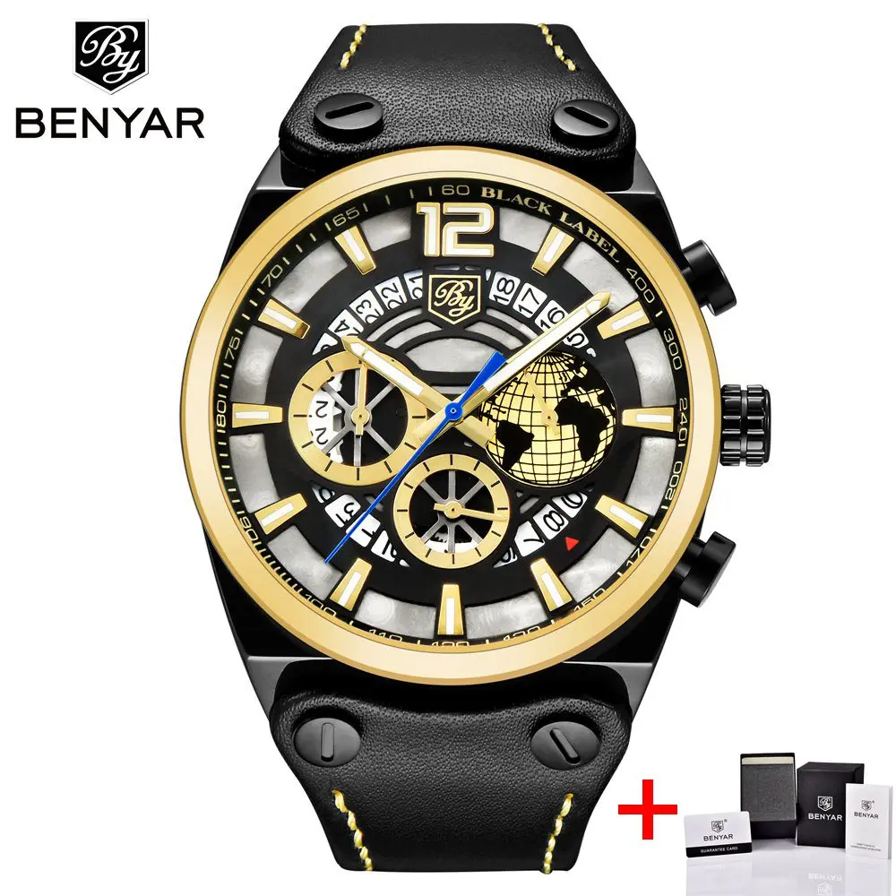 black gold BENYAR спортивные часы с большим циферблатом, мужские водонепроницаемые уличные военные часы с хронографом, кварцевые часы с кожаным ремешком, армейские мужские часы, мужские часы - Цвет: black gold