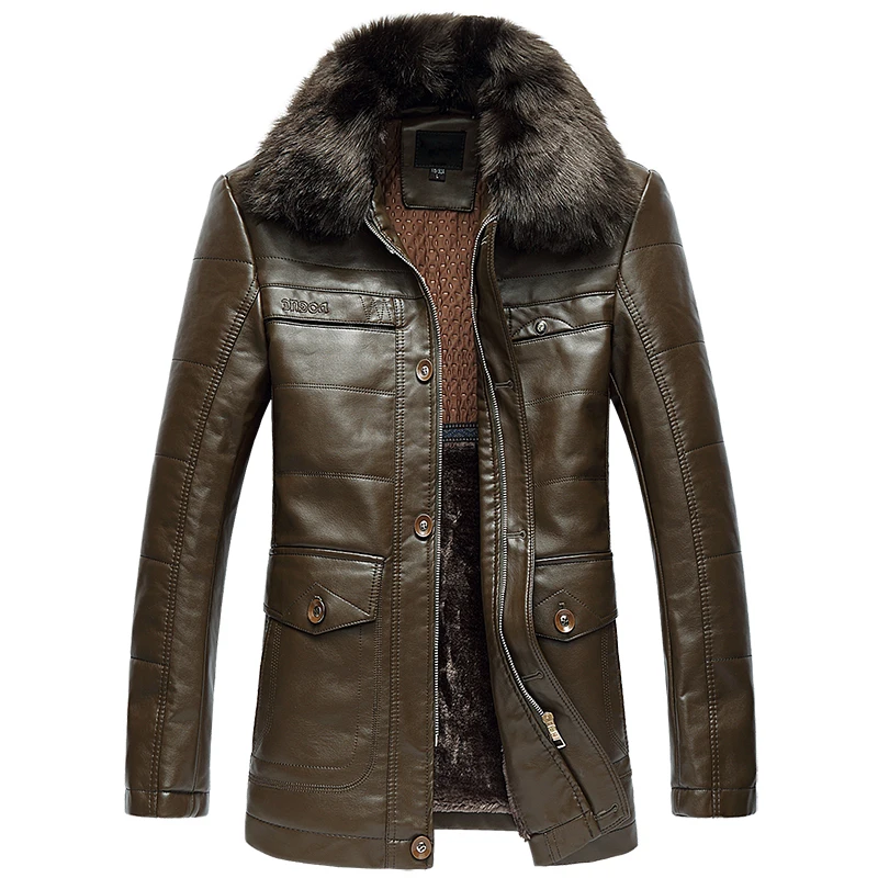 

2017 New Long Winter Jacket Mens Leather Jacket Fur Collar Business Solid Fleece Soft Mens Faux Fur Coats Plus Size L-4XL