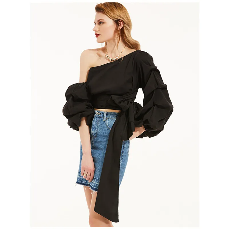 Женская блузка черный косой воротник 2018 весенние пикантные Рубашки для