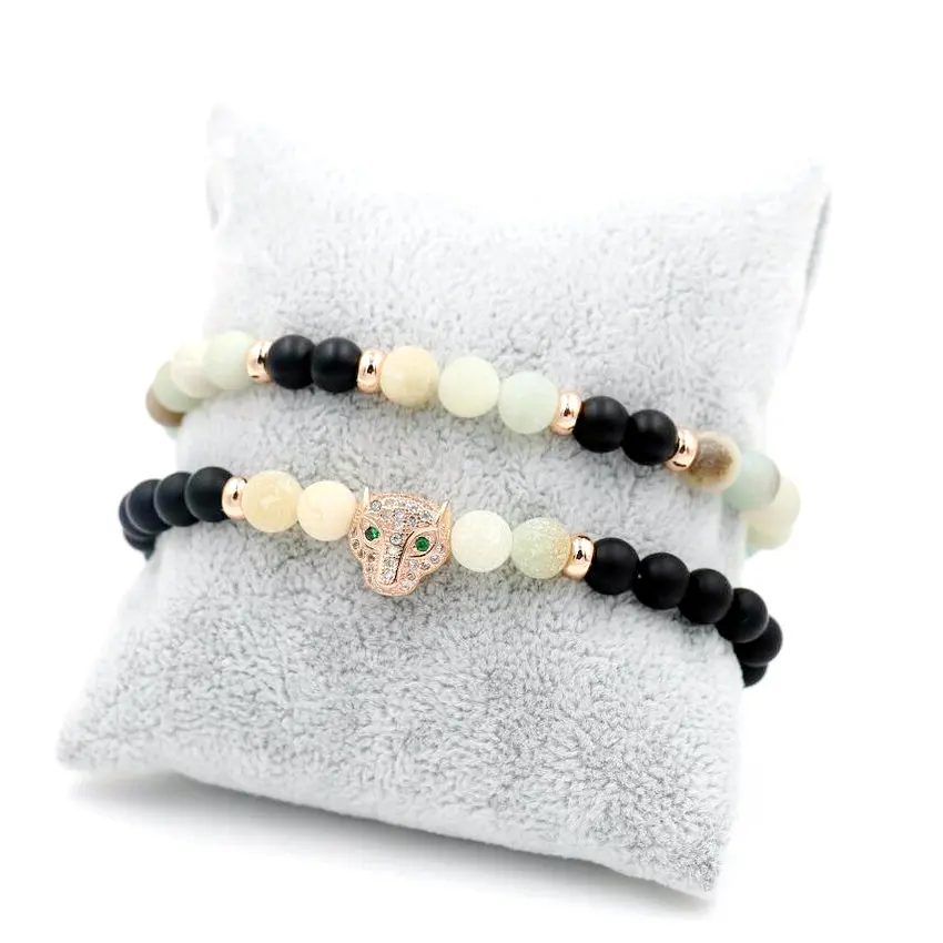 2pcs/set 6MM Amazonite Beaded Bracelet Men Women Love Micro Zircon Leopard Animal Reiki Bracelets For Couples Lucky Jewelry | Украшения и