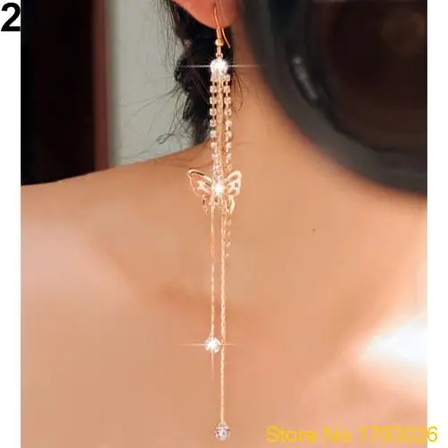 Cute Butterfly Rhinestone Drop Long Tassels Chain Women's Harness Earrings 4TPI | Украшения и аксессуары