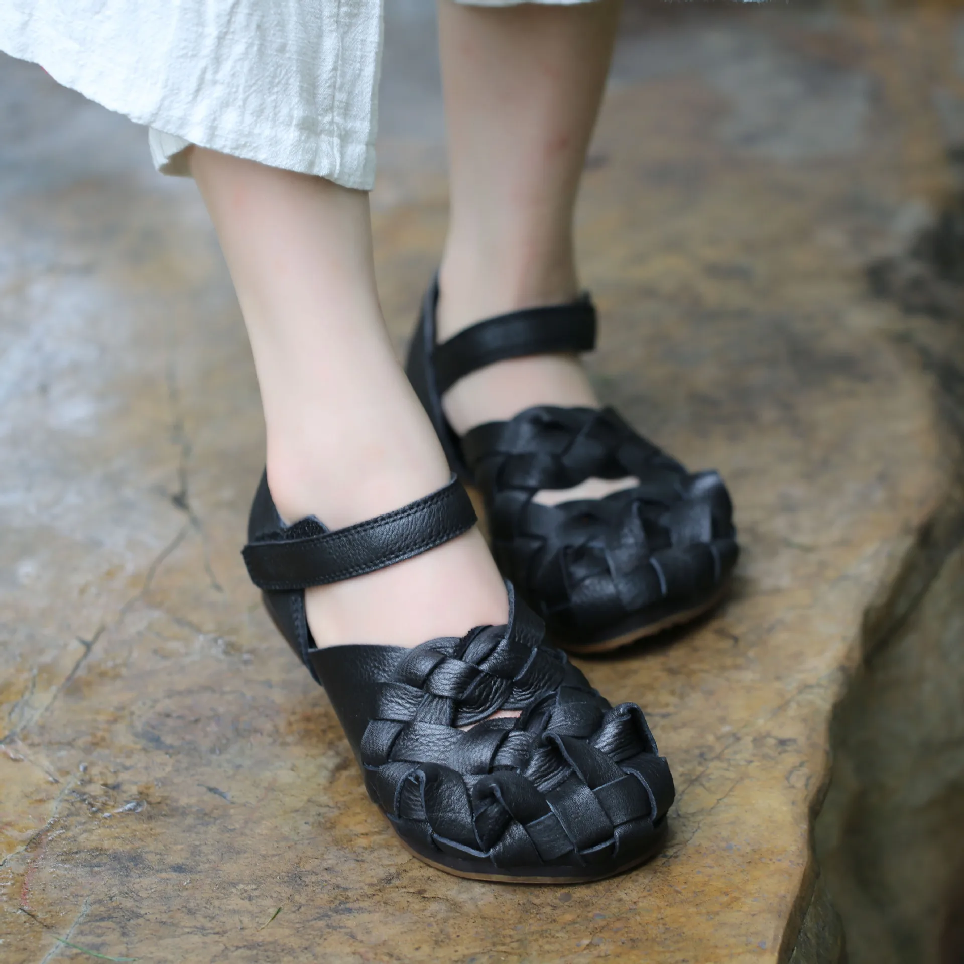 Женские кожаные туфли на плоской подошве винтажные плетеные ручной работы с