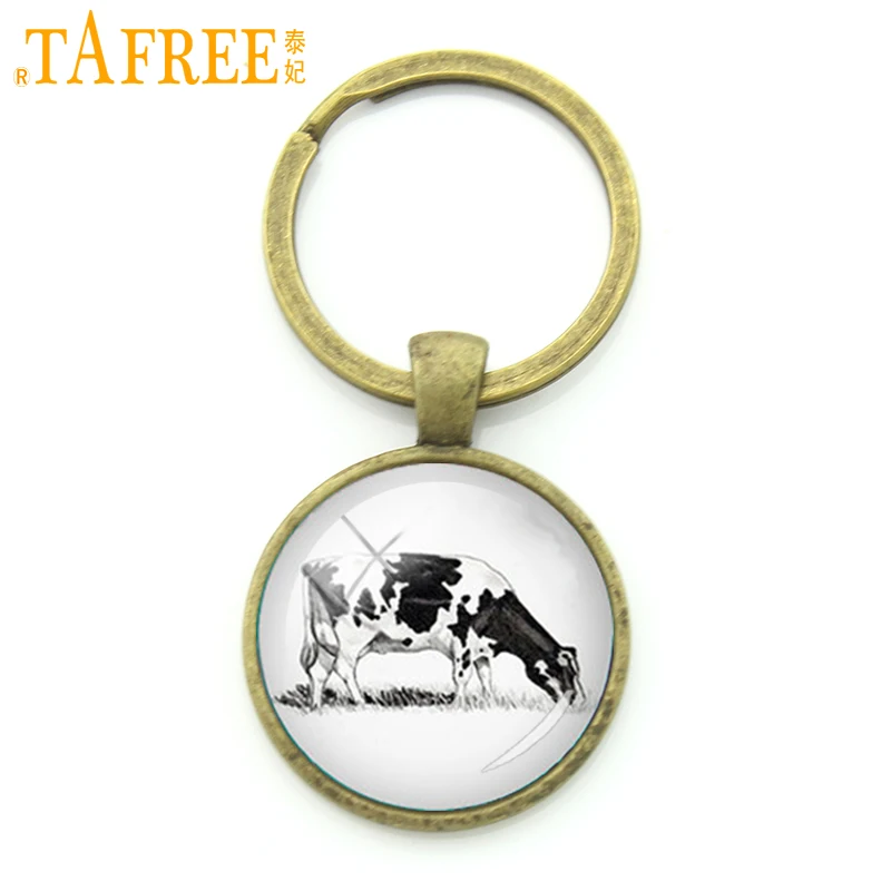 

TAFREE Dairy Cow Key Chain Ring Holder Glass Cabochon Dome Simple Style Keychain Fashion Metal Vintage 2017 New Jewelry KC355