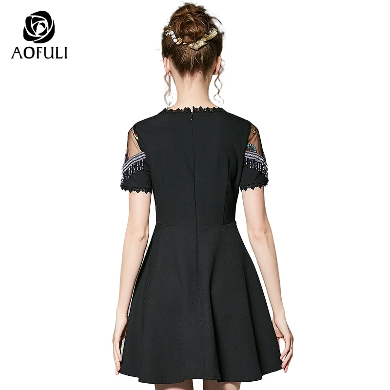 Size-S Ethnic Style Tassel Embroidery Black Dress Brand Sexy Summer See-Through Shoulder Short Sleeve Party Dresses B3879 | Женская