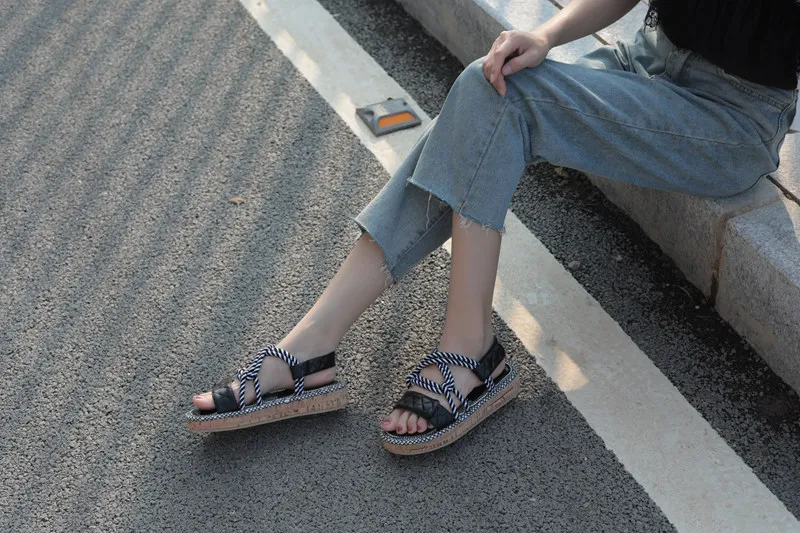 summer new women's platform sandals flat Women Shoes Sweet Lace-up Women's Open Toe Sandals Roman Mixed Color Shoes