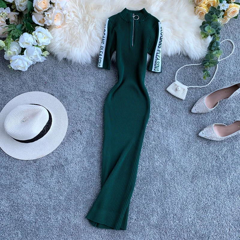 Зеленый ALPHALMODA, Ранняя осень, БУКВЕННОЕ, на молнии, до середины икры, трикотажное, с коротким рукавом, обтягивающее, винтажное, женское, Vestidos - Цвет: Зеленый