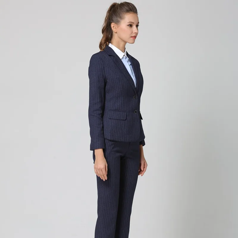Fmasuth синий в полоску брюки костюм для Для женщин длинный рукав Блейзер Куртка +