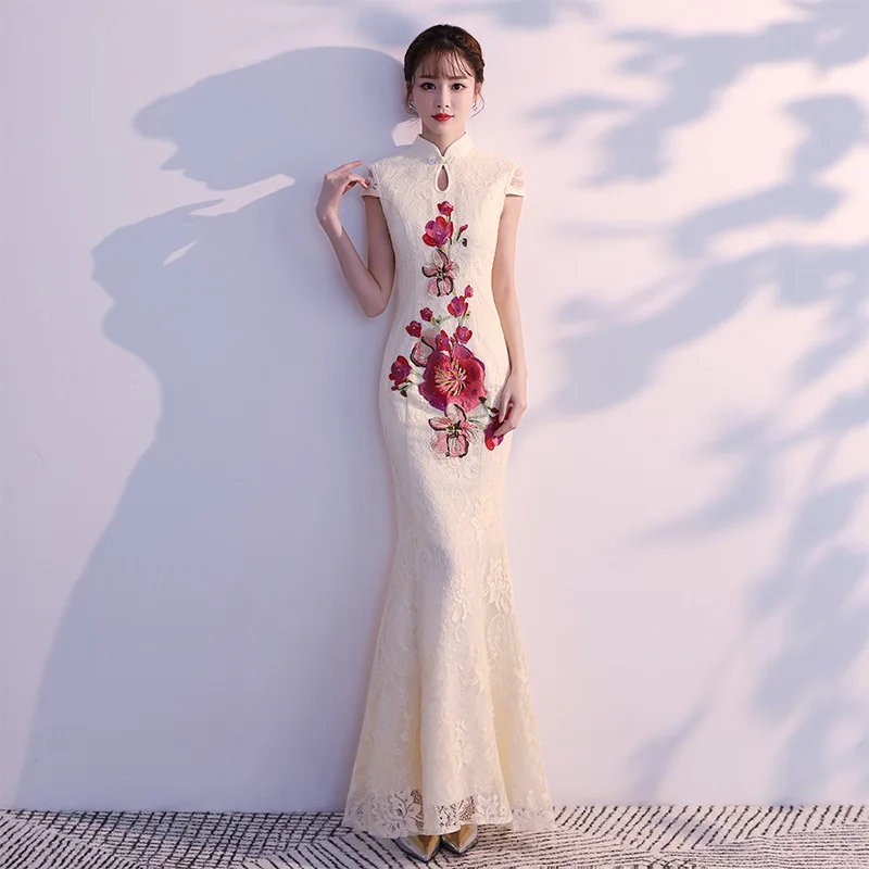 

Вышивка цветок новинка Женский Cheongsam оверсайз 3XL Vestidso кружева Длинные обтягивающие Qipao невесты Свадебная вечеринка Chineses платья