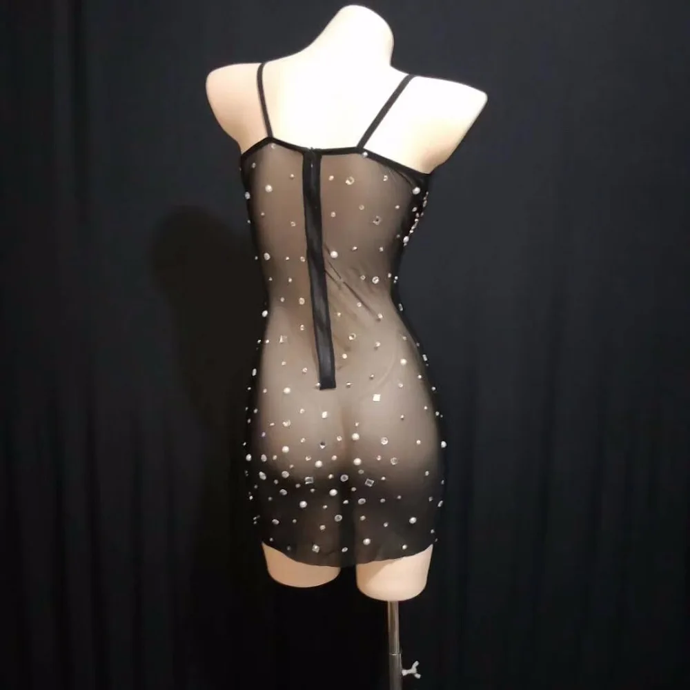 

Fashion Black Rhinestones Dress Sexy Women Nightclub Sparkly Stones Dresses Bodysuit Dance Performance Wear Festival Outfit DJ