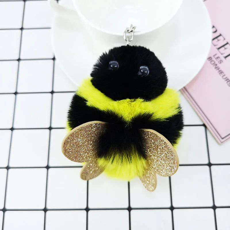 1 color PU блесток пчела плюшевое украшение на ключи с цепочкой Имитация меха кролика рекс дамская сумка Автомобильный ключ сплав меховой шар подвеска - Цвет: 1 color
