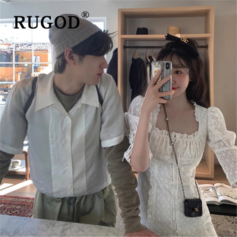 RUGOD корейское шикарное Белое Женское платье с пышными рукавами винтажное открытое Мини Летнее платье Дамское модное кружевное платье с квадратным воротником