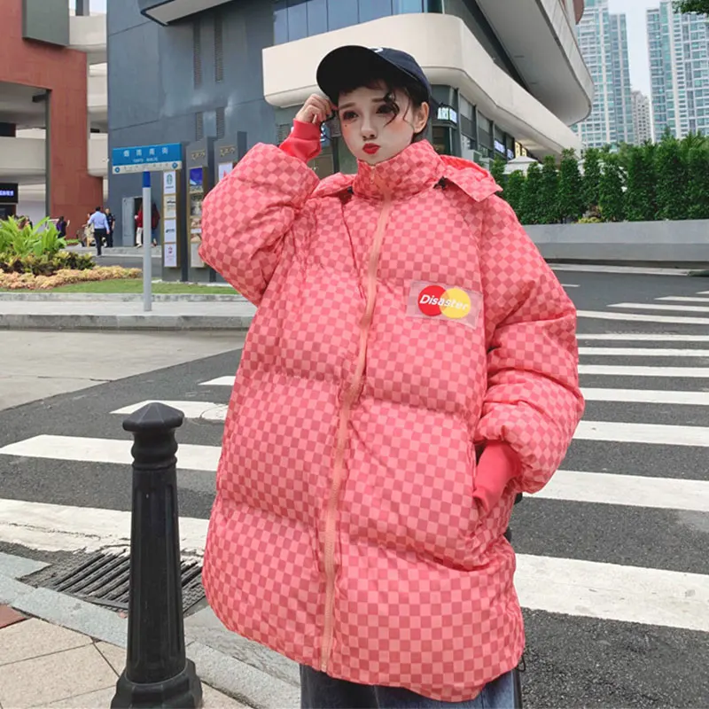Pink plaid Зимняя женская куртка, модные клетчатые хлопковые пальто Harajuku, свободная стеганая верхняя одежда, теплая Женская парка с капюшоном, Толстая куртка TY288 - Цвет: Pink plaid