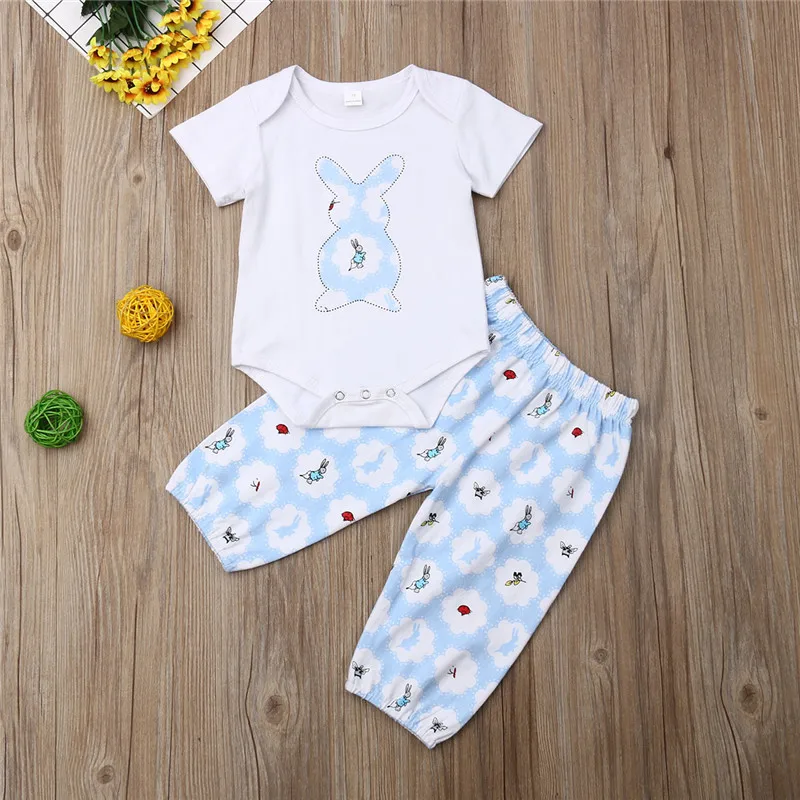Kids Clothing Set Short Sleeve White Baby Rompers Rabbit Print Girls Tops Blue Long Pants Bottoms Children Boys Outfit | Детская одежда