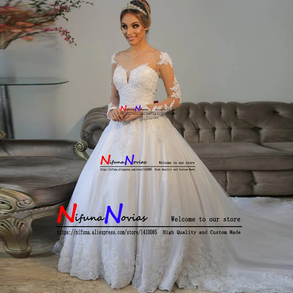 Кружевное свадебное платье с аппликацией бальное длинными рукавами Vestido De Noiva 2019