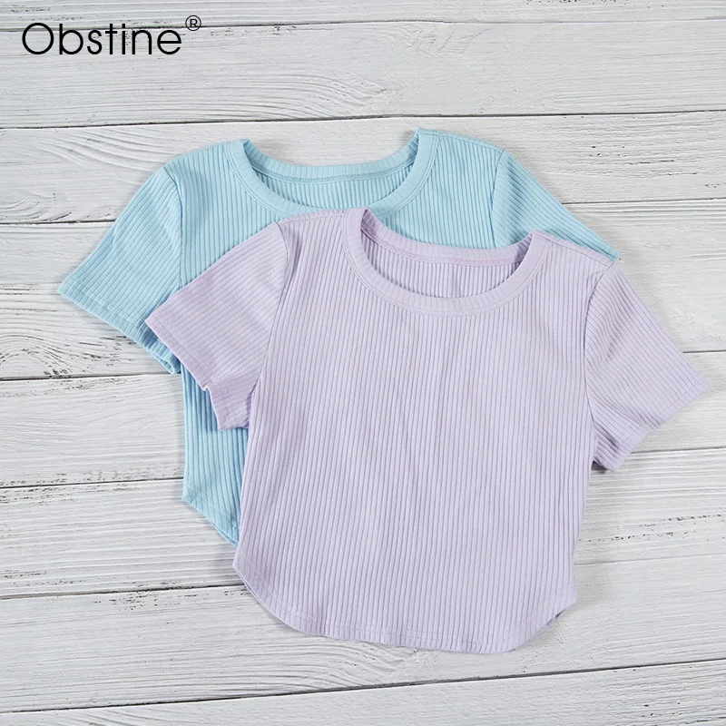 Obstine светло фиолетовый Ribbed Knit Tee 2018 Лето Для женщин короткий рукав Базовая