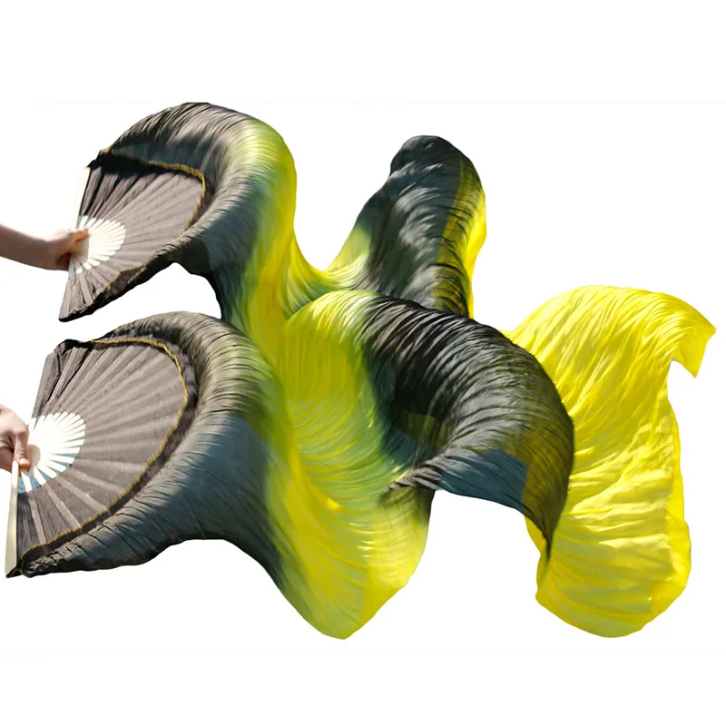 1 Pair Dance Fans Bamboo Ribs Natural Silk Stage Performance Props Dye Women Belly Fan black+yellow+black+yellow | Тематическая