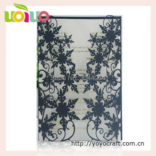 

2017 hot sell wedding invitation card laser cut black snowflake wedding decoration lace wedding card design 50pcs only the cards