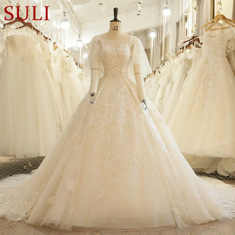 SL 7816 церковь о образный вырез Пышный рукав Иллюзия Кружевная аппликация на лиф