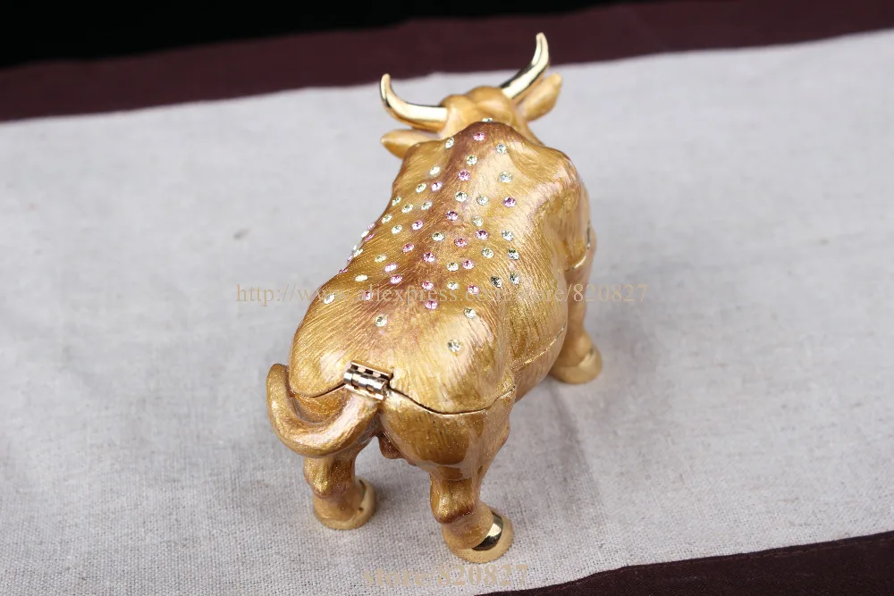 FengShui Full Crystal Design Wall Street Cow Statue Trinket Box Cow animal bejeweled trinket jewelry box figurine  ring holder