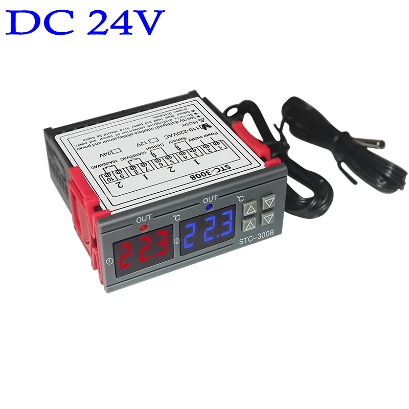 DC24V STC-3008, переменный ток, 220 В, 12 В, 24 В, цифровой двойной термометр, контроль температуры, Лер, термостат, контроль инкубатора, двухсторонний выход, двойной зонд - Цвет: DC24V