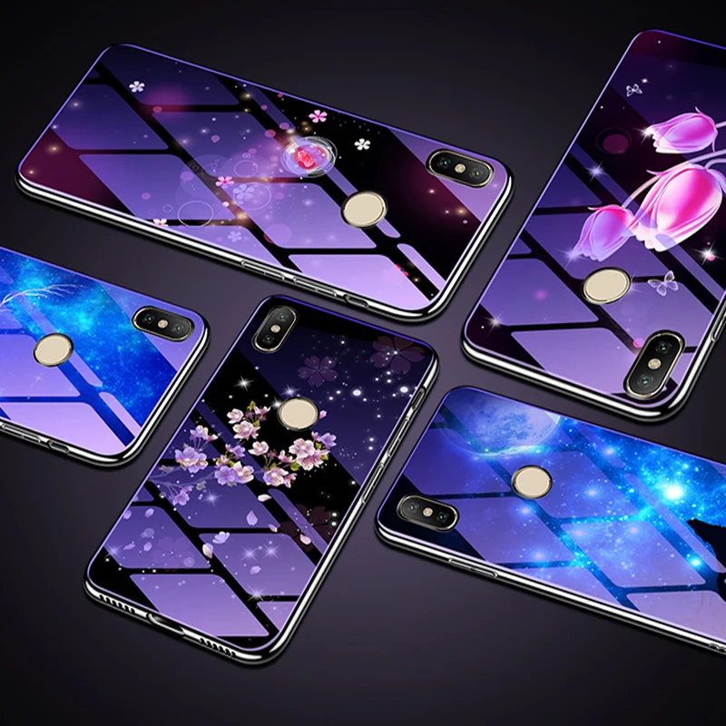 Cover For xiaomi mi Mix 2s case flower blue Tempered Glass back cover Mix2s phone cases 2 s protective casing | Мобильные телефоны