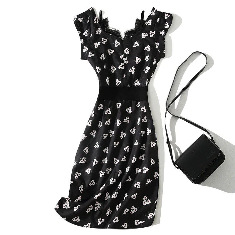 2019 Для женщин летние Винтаж черный Цветочный принт Кружевное облегающее платье