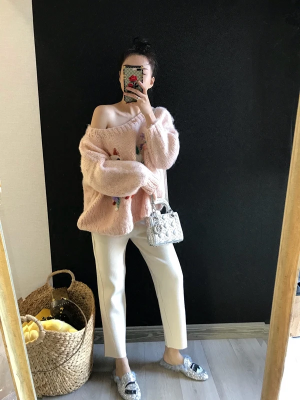 2020 Full Poncho Jumper Pullover Spring New Women's Sweater Garden For Cat Embroidery Mohair Heavy Work Leaking Shoulder Women | Женская
