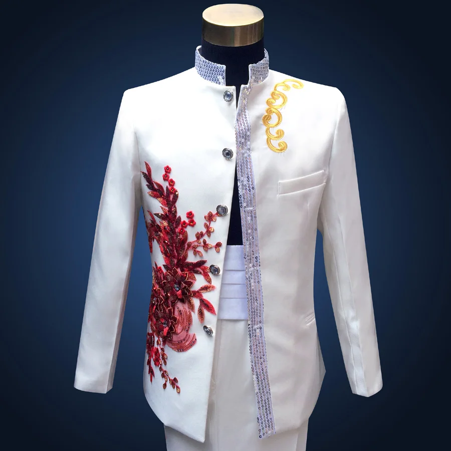

2018 Plus Size Retro Medieval Red Flower Embroidered with diamonds stage performance White Chinese tunic Suit & Blazer Costumes