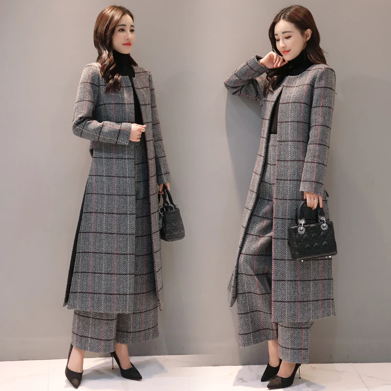 Шерстяной клетчатый комплект из 2 предметов для женщин широкие брюки костюм