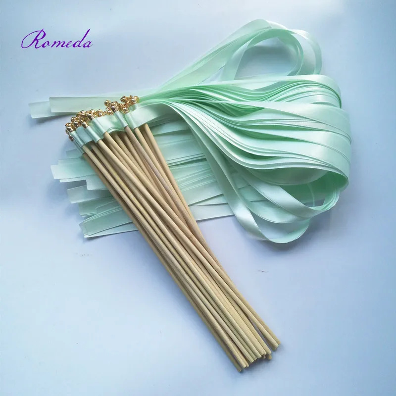 New Arrived 50Ppcs/lot light green stain ribbon wedding wands stick with gold bell ribon Stick Twirling Streamers for | Дом и сад