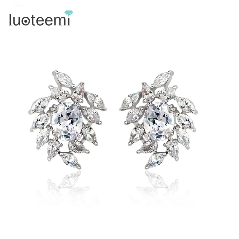 

LUOTEEMI Luxury Excellent Cut Sparkling Clear Cubic Zirconia CZ Crystal Stud Earrings Quality Bridal Wedding Dress Earrings