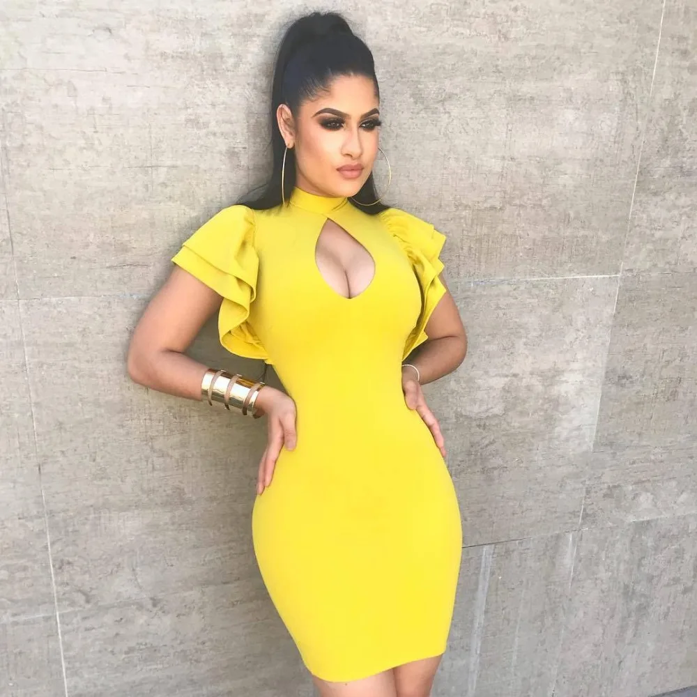 Almajores для женщин Bodycon платье Сексуальная выдалбливают оборками рукавом Мини