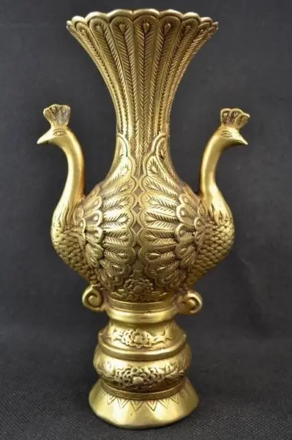 

7.37" Elaborate Chinese Old Collectible Decorated Handwork Brass Double Peacock Noble Vase