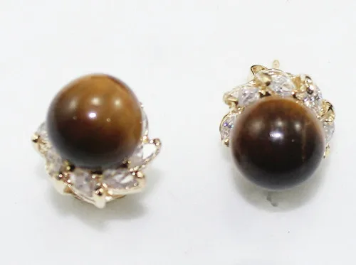 

lady's new jewelry 10mm tiger eye stone 18kgp crystal inlay stud earrings