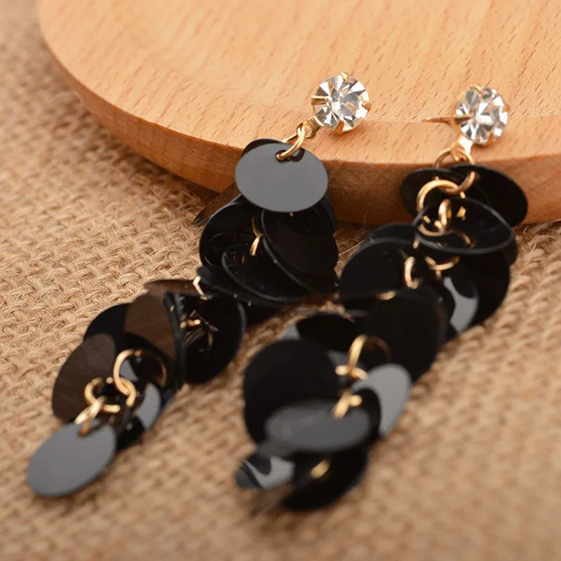 Эффектные серьги для женщин черные блестки кисточки висячие длинные подвески