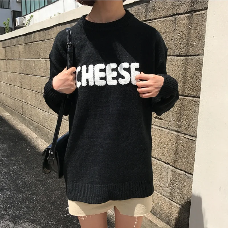 Korean version of the school style cheese letters embroidery loose wild long-sleeved round neck sweater women | Женская одежда