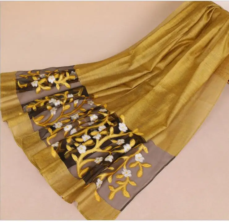 

10pcs Summer Silk Organza Women's Scarves Pretty Floral Embroidery Thin Gauzy Shawl Muslim Hijabs Wrap Headscarf Voile 185x70cm
