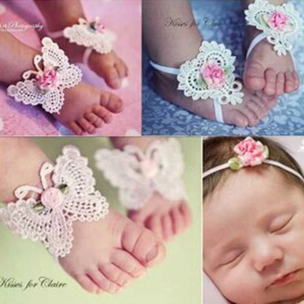 M MISM Cute 3PCS Lace Butterfly Baby Headband Wristband Foot Ring Fashion Hair Accessories For Newborn Photography Head Wrap | Детская