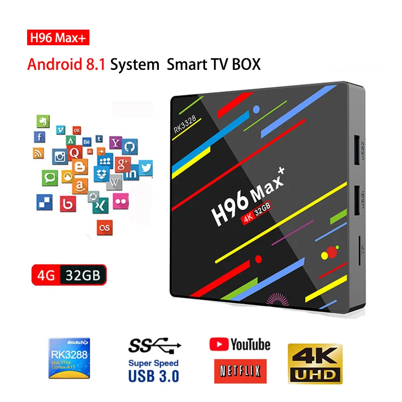 Android 8 1 ТВ приставка H96 MAX Plus RK3328 Четырехъядерный 4 Гб + 32 ГБ H.265 4K HDMI2.0 2 4G Wifi USB3.0 h96 pro