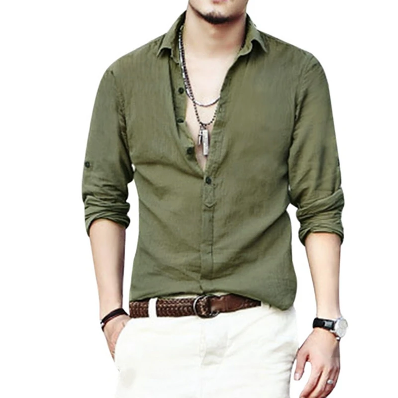 Army Green Style 2 LAAMEI, сексуальная новая мужская блузка с длинным рукавом, летняя мода, повседневные тонкие футболки, топы, Мужские дышащие льняные рубашки - Цвет: Army Green Style 2